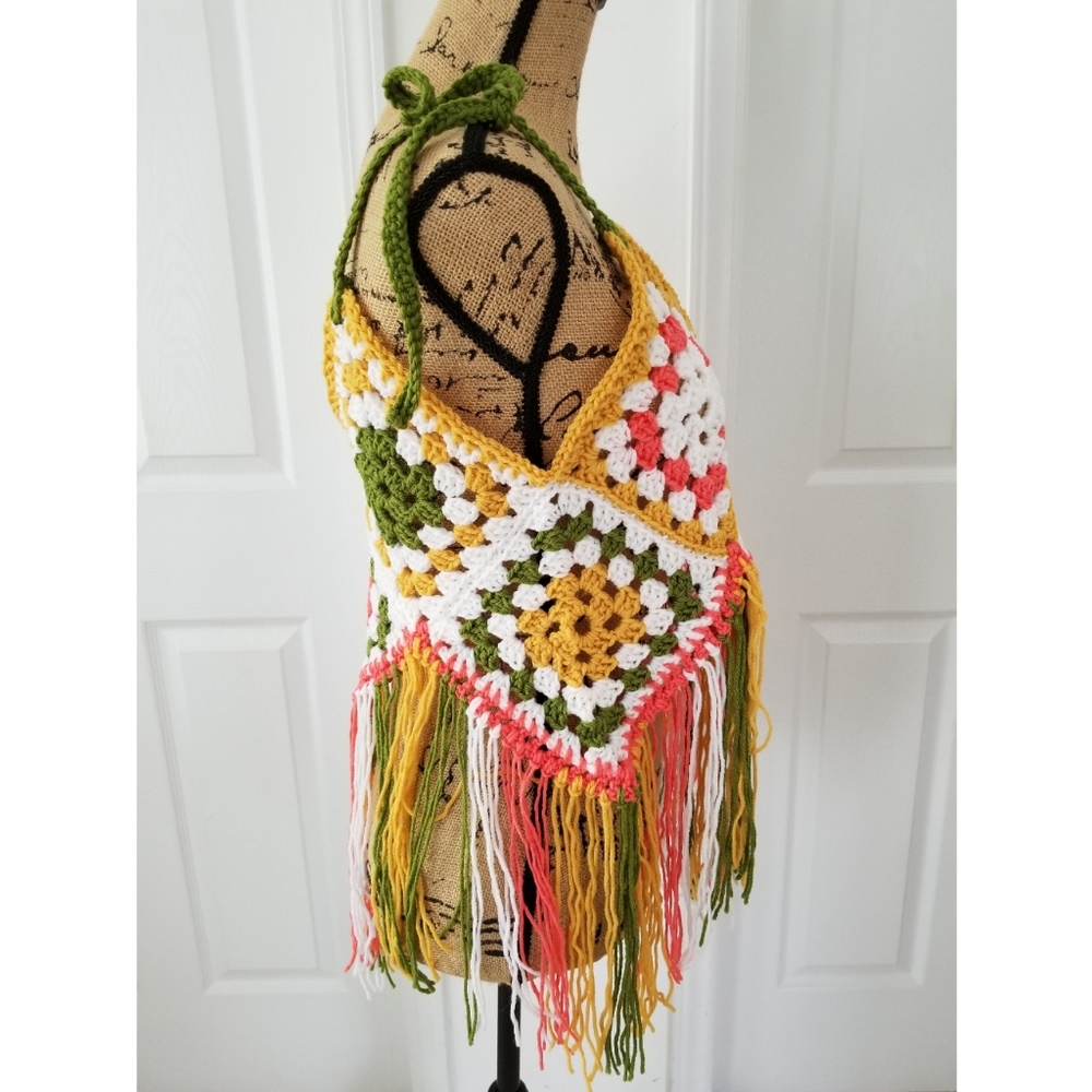 Fringed crop top granny squares boho hippie crochet Festival Party Funky - Picture 7 of 9